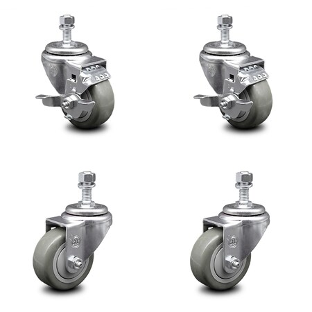 Service Caster 3 Inch Gray Polyurethane Wheel Swivel 1/2 Inch Threaded Stem Caster Brakes, 2PK SCC-TS20S314-PPUB-TLB-121315-2-S-2